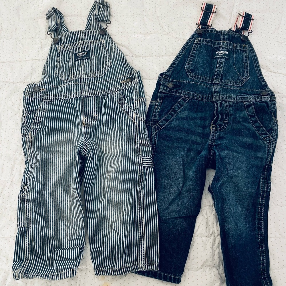Toddler Denim and Railroad Striped Overalls 12 months. 2 Pack.